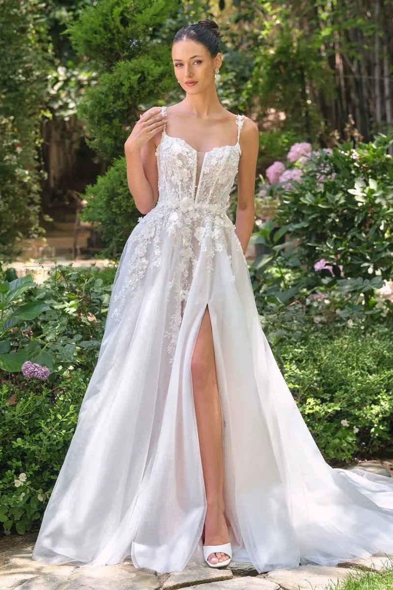 A-Line Wedding Gown Plunging Illusion Neckline Floral Straps Bride Tux-USA by Tux-USA