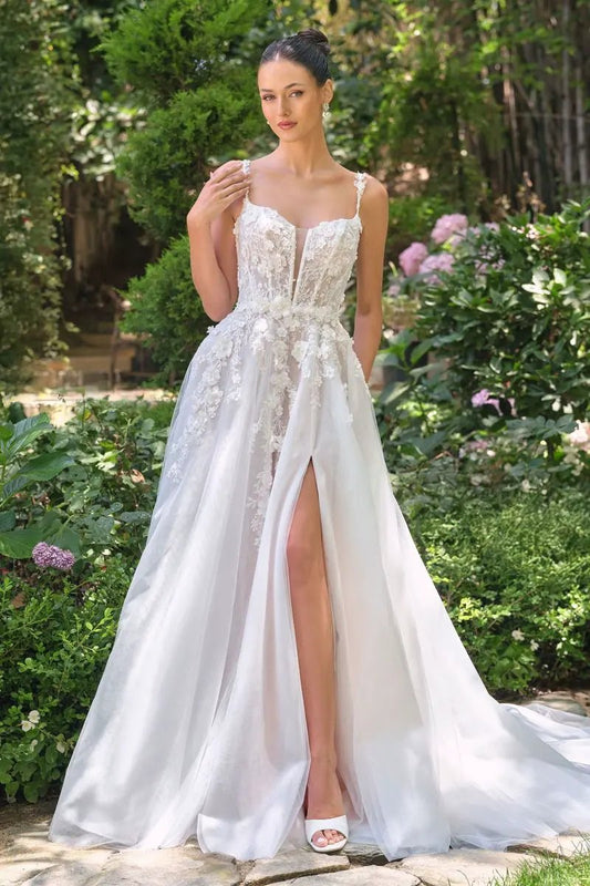 A-Line Wedding Gown Plunging Illusion Neckline Floral Straps Bride Tux-USA by Tux-USA