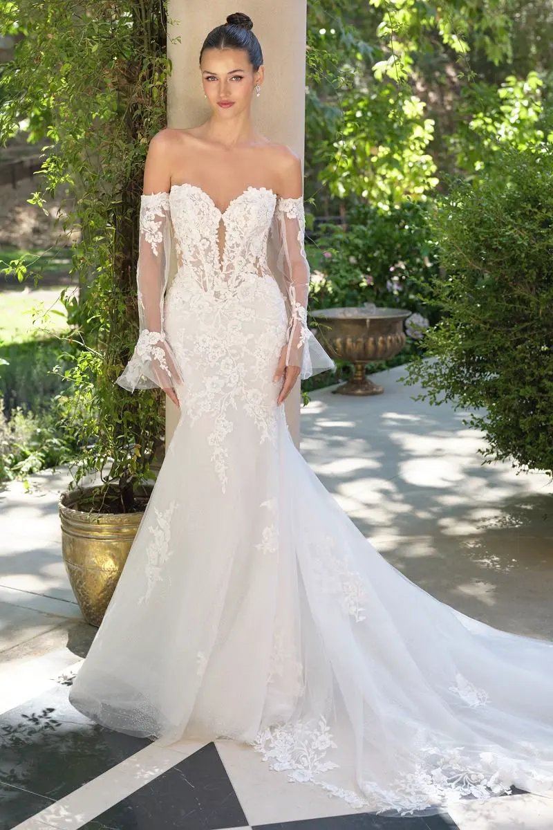 Lace Appliqué Mermaid Bridal Gown with Detachable Sheer Sleeves by Tux-USA