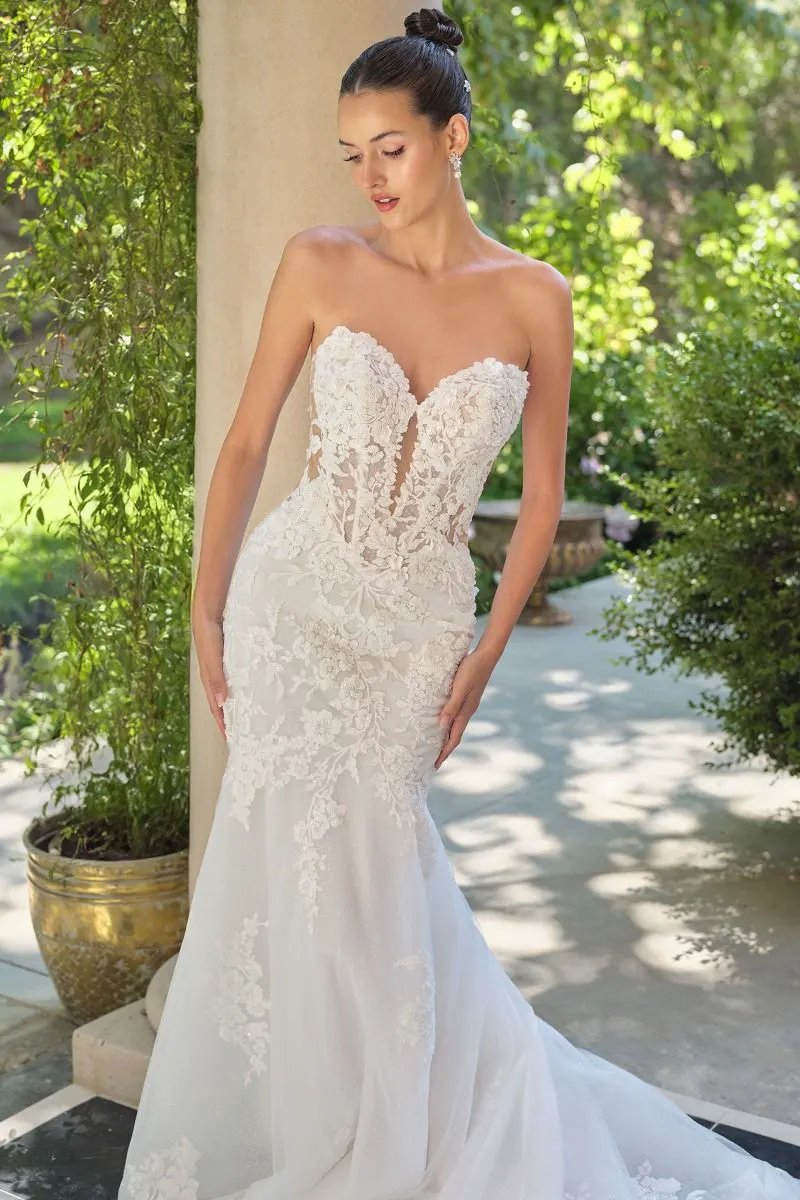 Lace Appliqué Mermaid Bridal Gown with Detachable Sheer Sleeves by Tux-USA