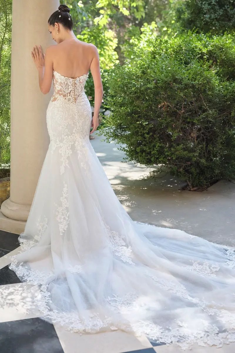 Lace Appliqué Mermaid Bridal Gown with Detachable Sheer Sleeves by Tux-USA