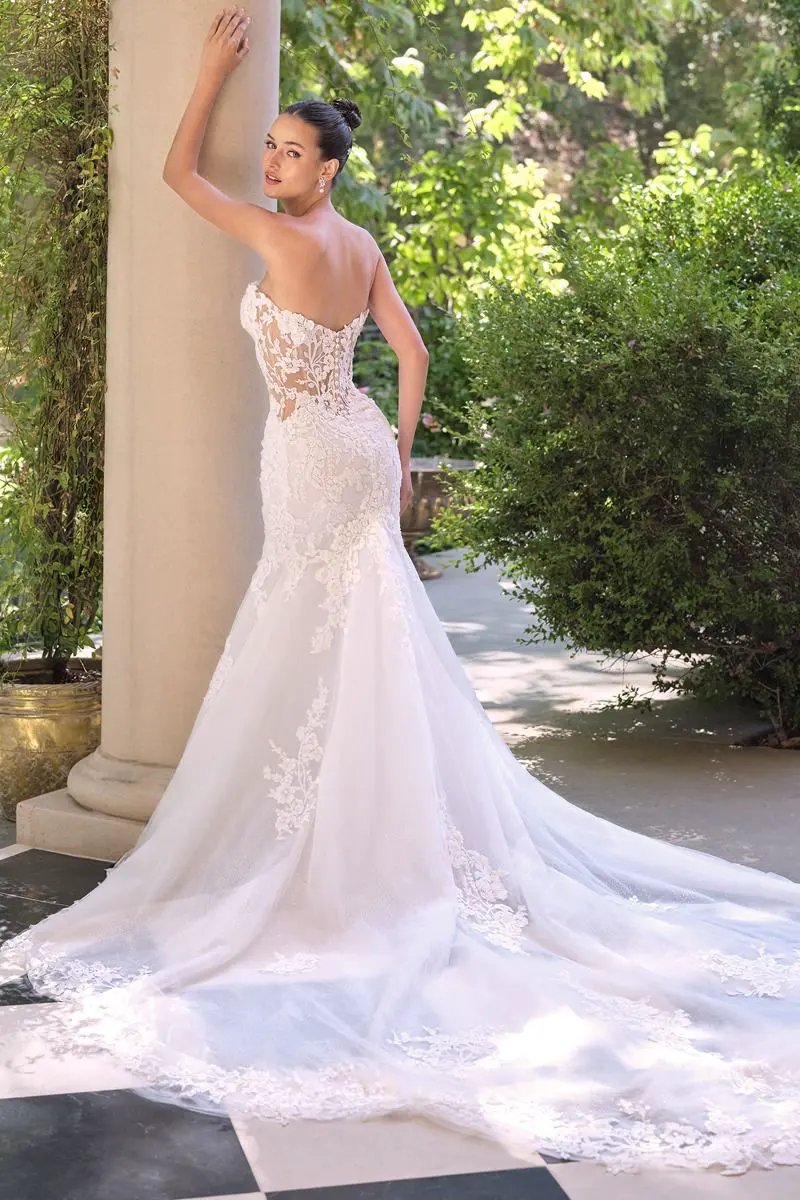 Lace Appliqué Mermaid Bridal Gown with Detachable Sheer Sleeves by Tux-USA