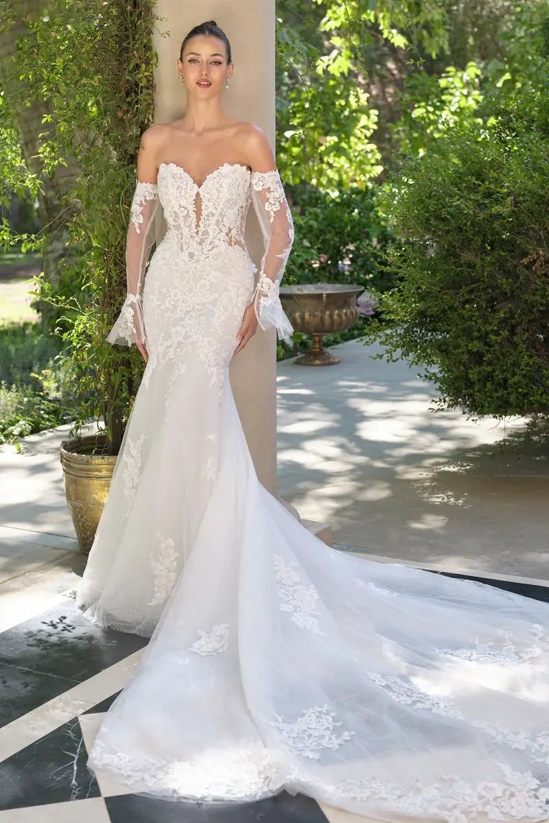 Lace Appliqué Mermaid Bridal Gown with Detachable Sheer Sleeves by Tux-USA