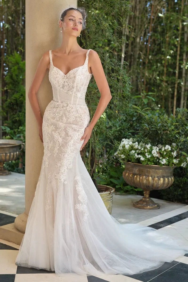 Embroidered Lace Mermaid Bridal Gown with Tulle Bow Train by Tux-USA