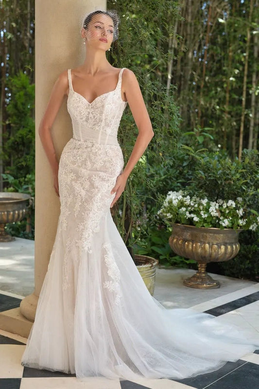 Embroidered Lace Mermaid Bridal Gown with Tulle Bow Train by Tux-USA