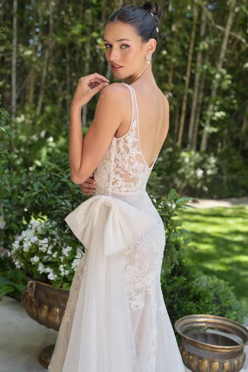 Embroidered Lace Mermaid Bridal Gown with Tulle Bow Train by Tux-USA