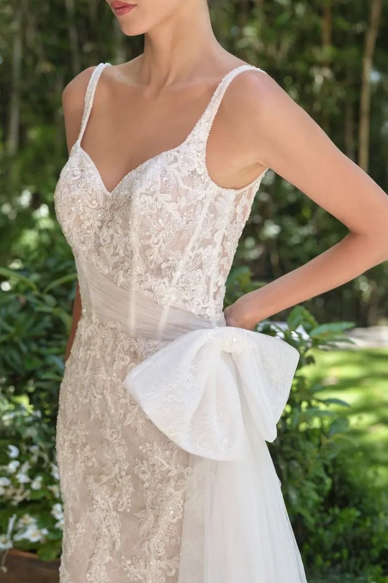 Embroidered Lace Mermaid Bridal Gown with Tulle Bow Train by Tux-USA