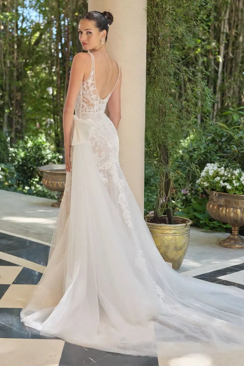 Embroidered Lace Mermaid Bridal Gown with Tulle Bow Train by Tux-USA