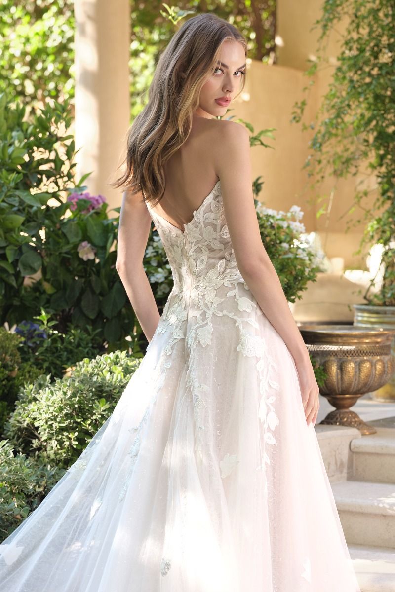 Floral Lace Illusion Plunge Bridal Ball Gown-3