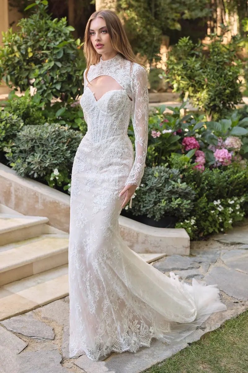 Sequined Lace Fit-and-Flare Bridal Gown with Detachable Bolero by Tux-USA