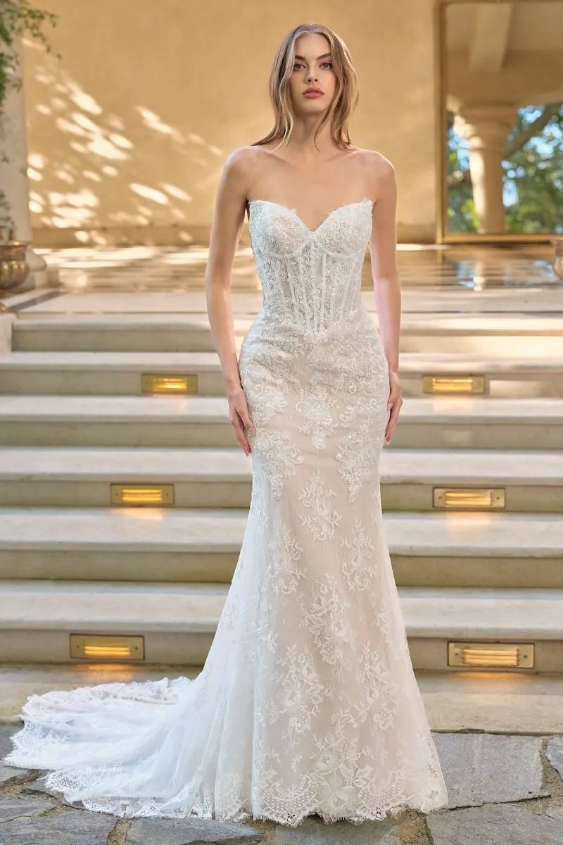 Sequined Lace Fit-and-Flare Bridal Gown with Detachable Bolero by Tux-USA