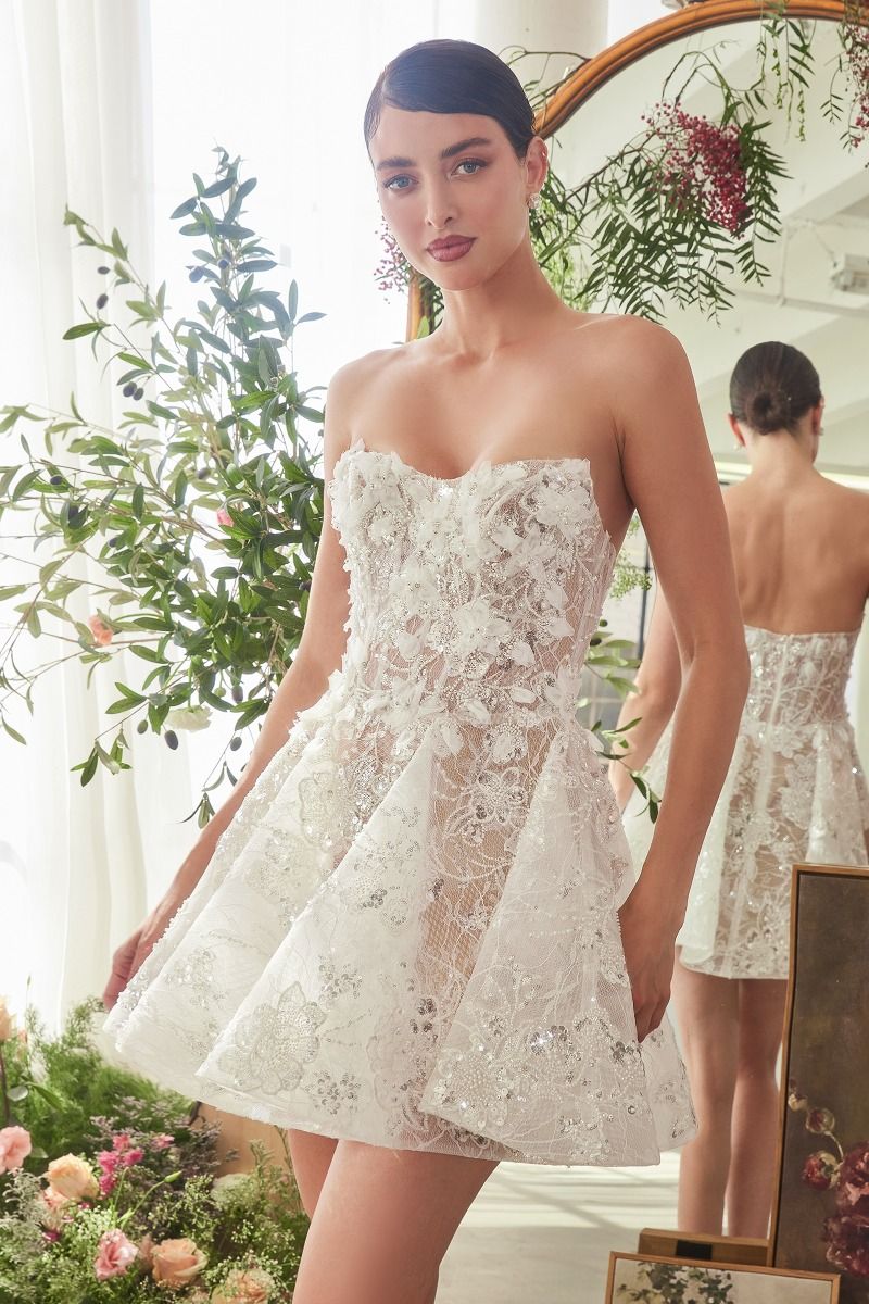 Bridal Mini A-Line Dress With Floral Applique-1