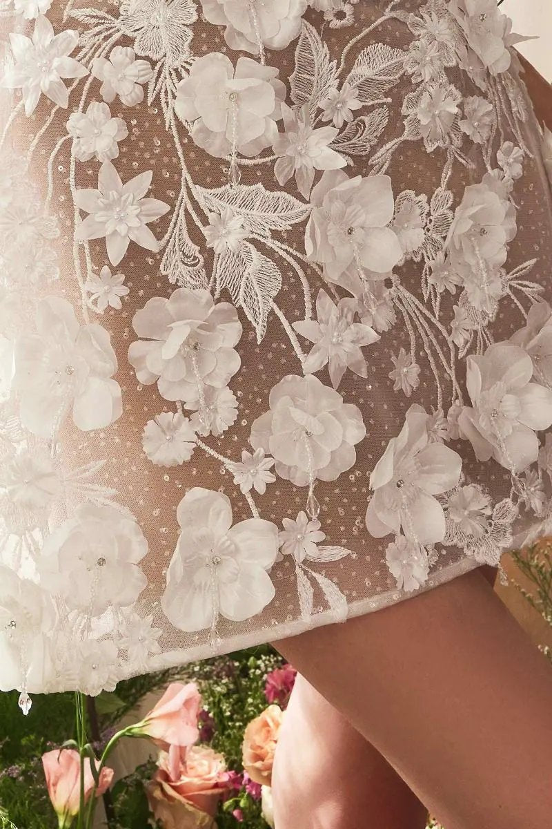 Dimensional Floral & Lace Strapless Short Bridal Midi Dress by Tux-USA