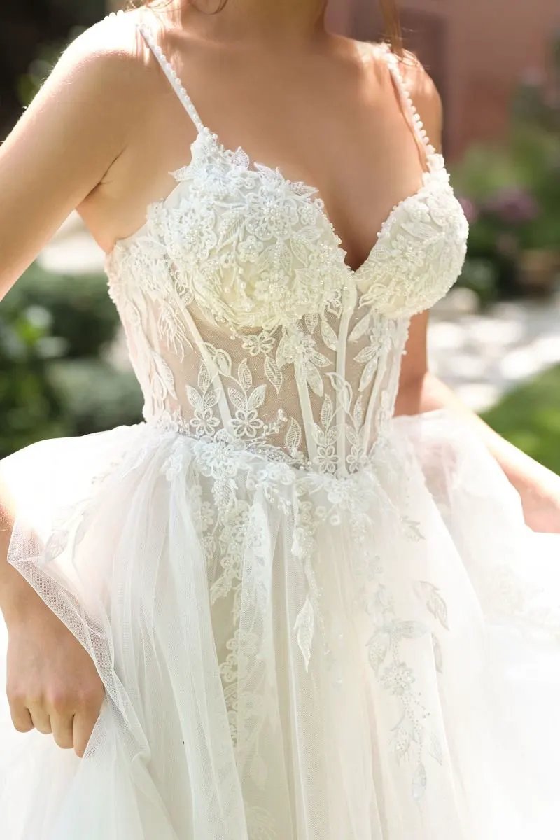 A-Line Wedding Gown A Sheer Corset Bodice With Lace Appliqué And Beaded Spaghetti Straps by Tux-USA