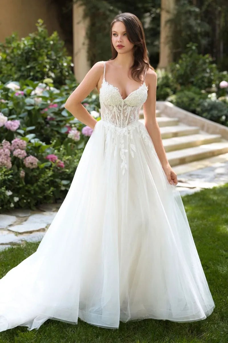A-Line Wedding Gown A Sheer Corset Bodice With Lace Appliqué And Beaded Spaghetti Straps by Tux-USA