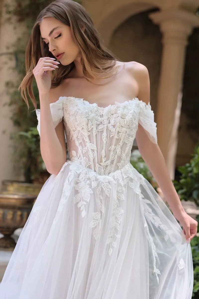 Wedding Ball Gown An Off-The-Shoulder Illusion Bodice Adorned With Cascading Floral Lace Appliqué And Dimensional Textures by Tux-USA