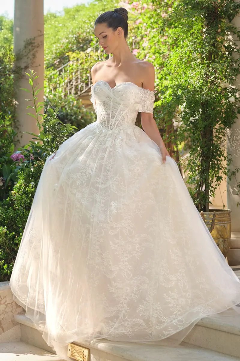 Wedding Ball Gown Illusion Bodice Adorned With Cascading Floral Appliqué by Tux-USA