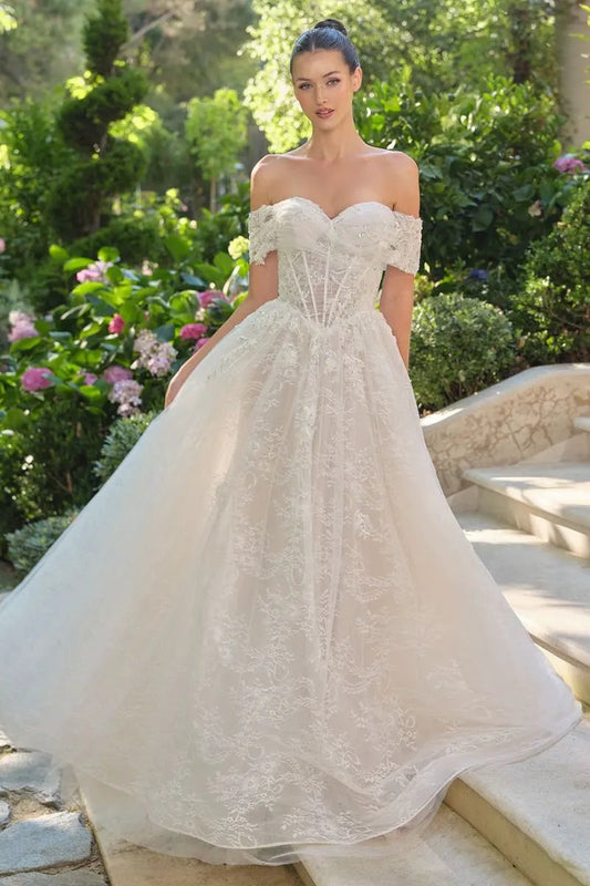 Wedding Ball Gown Illusion Bodice Adorned With Cascading Floral Appliqué by Tux-USA