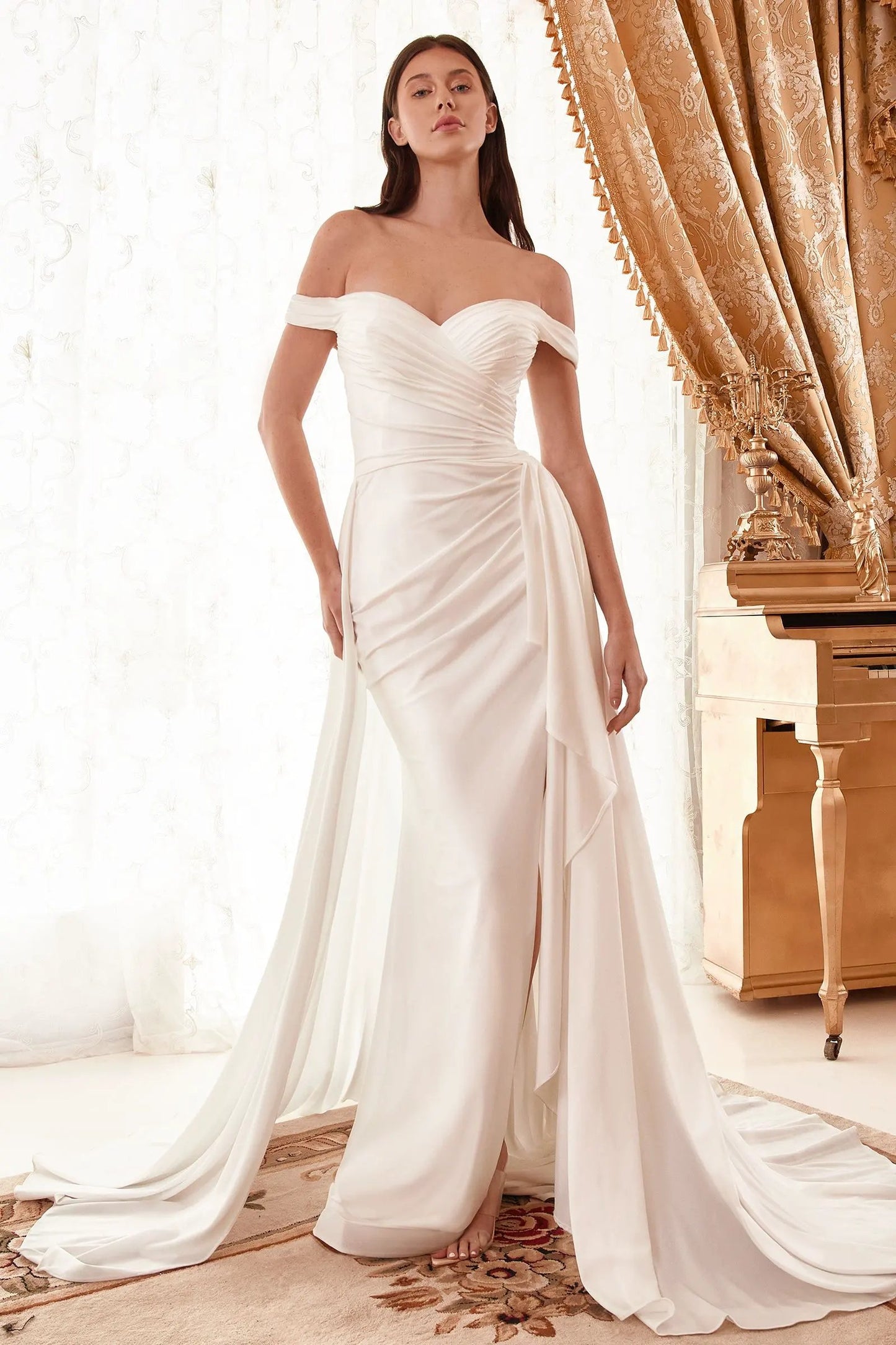 Draped Off The Shoulder Bridal Gown With Overskirt by Tux-USA