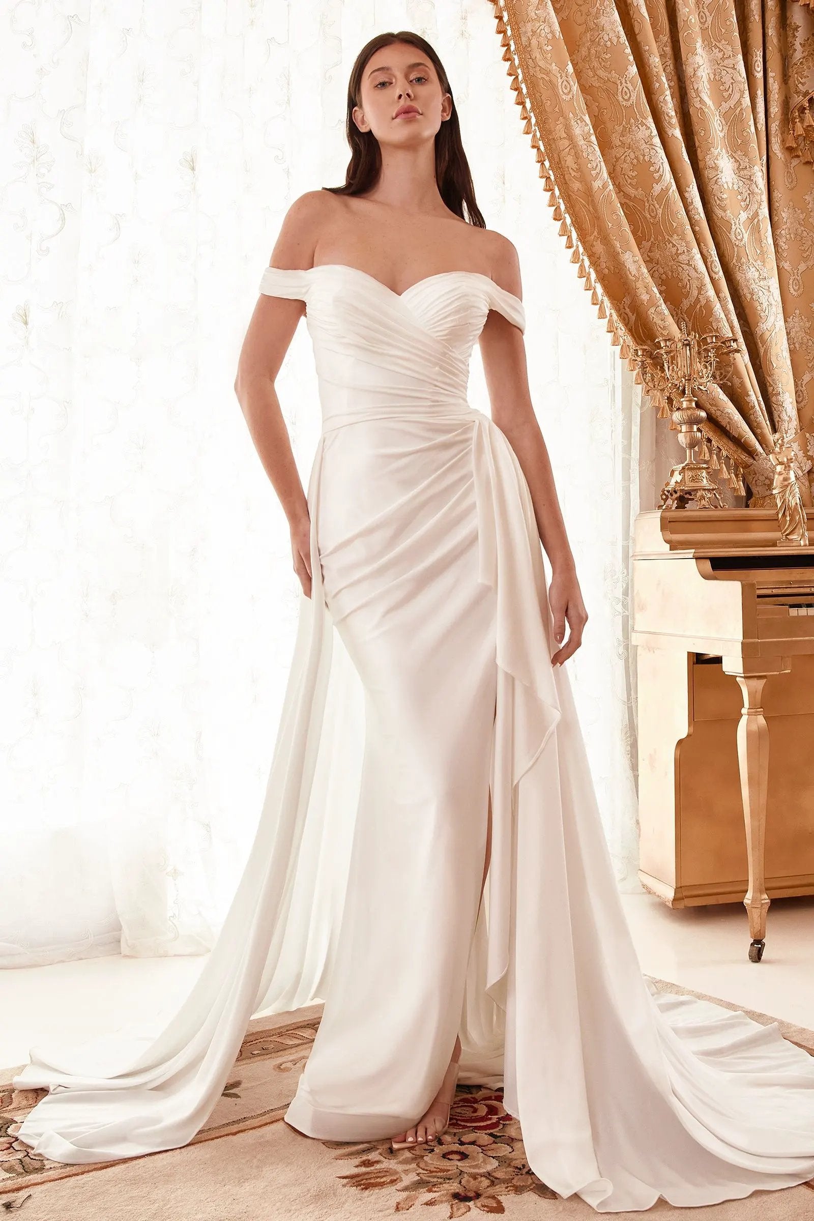 Draped Off The Shoulder Bridal Gown With Overskirt by Tux-USA