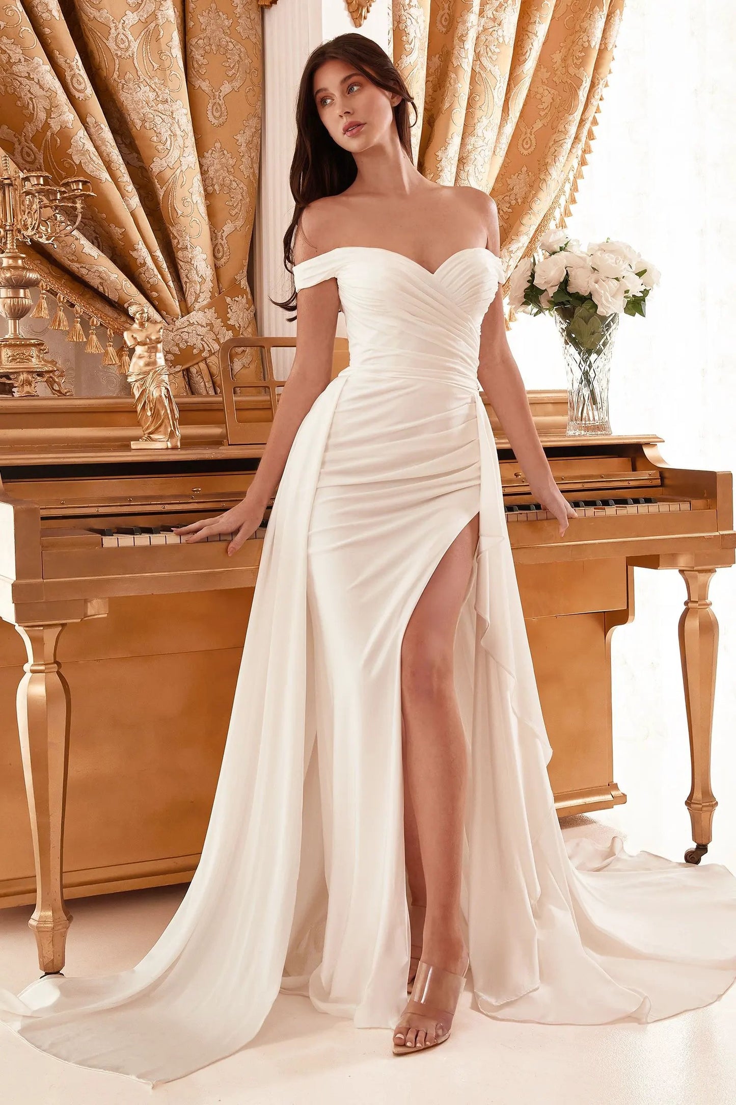 Draped Off The Shoulder Bridal Gown With Overskirt by Tux-USA