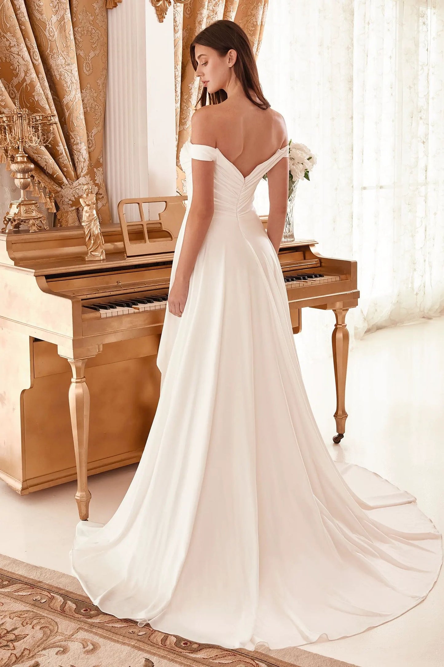 Draped Off The Shoulder Bridal Gown With Overskirt by Tux-USA