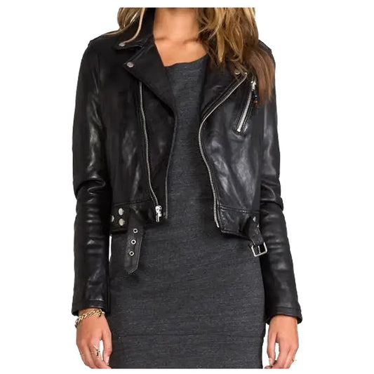 Women’s Short Lambskin Biker Leather Jacket-0