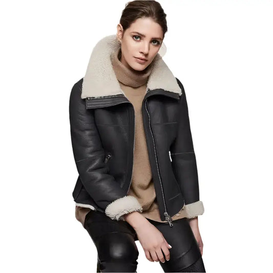 Womens Black Shearling Aviator Jacket-0