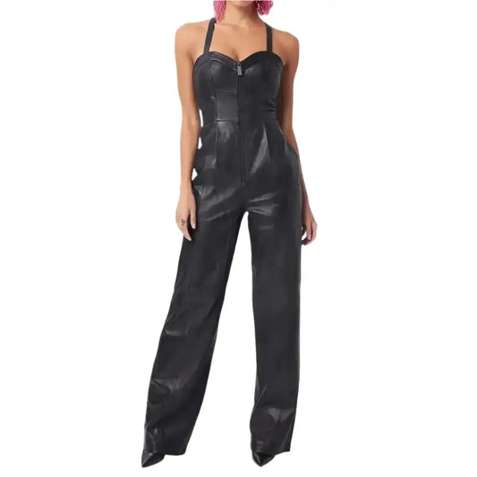 Women’s Black Leather Straight Leg Jumpsuit-0