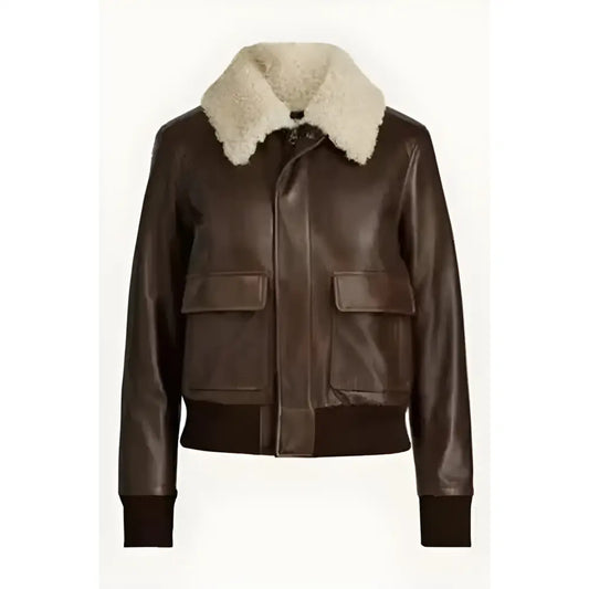 Women’s Brown Aviator Sherpa Leather Jacket-0