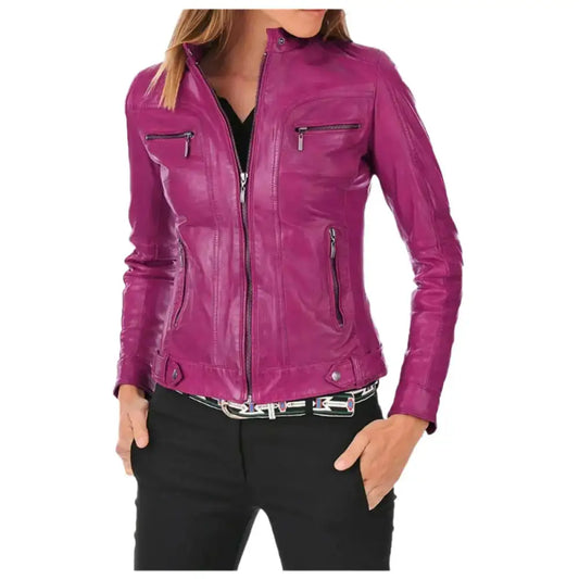 Women's Lambskin Leather Motorcycle Jacket-0