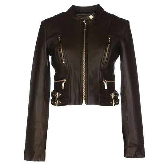 Women’s Golden Vintage Zipper Biker Leather Jacket-0