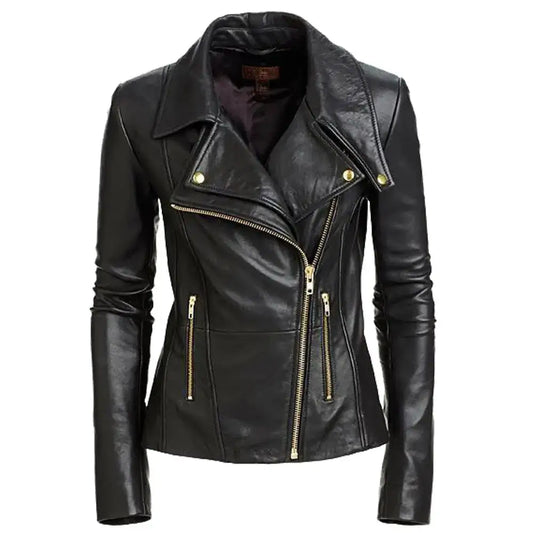 Women’s Motorcycle Rider Leather Jacket with Gold Buttons-0