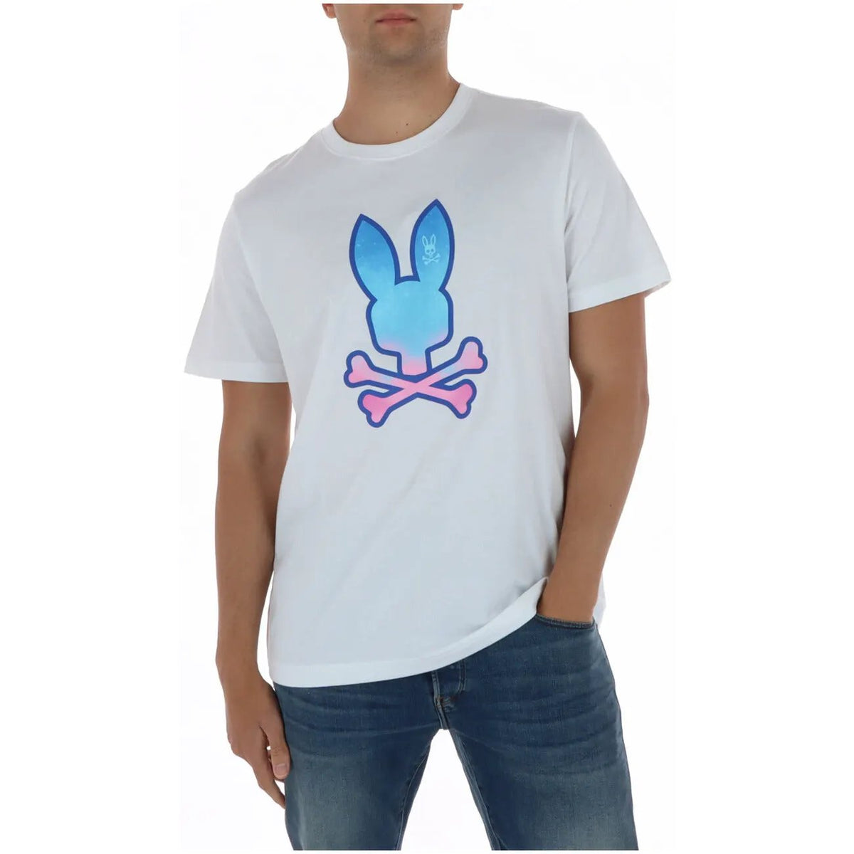 Psycho Bunny Men's White Printed Cotton T-Shirt MT0200237