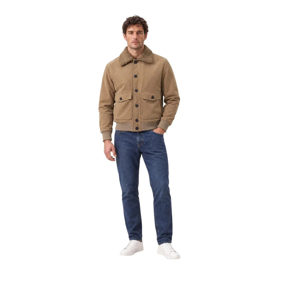 Gianni Lupo Men's Beige Faux Leather Bomber Jacket