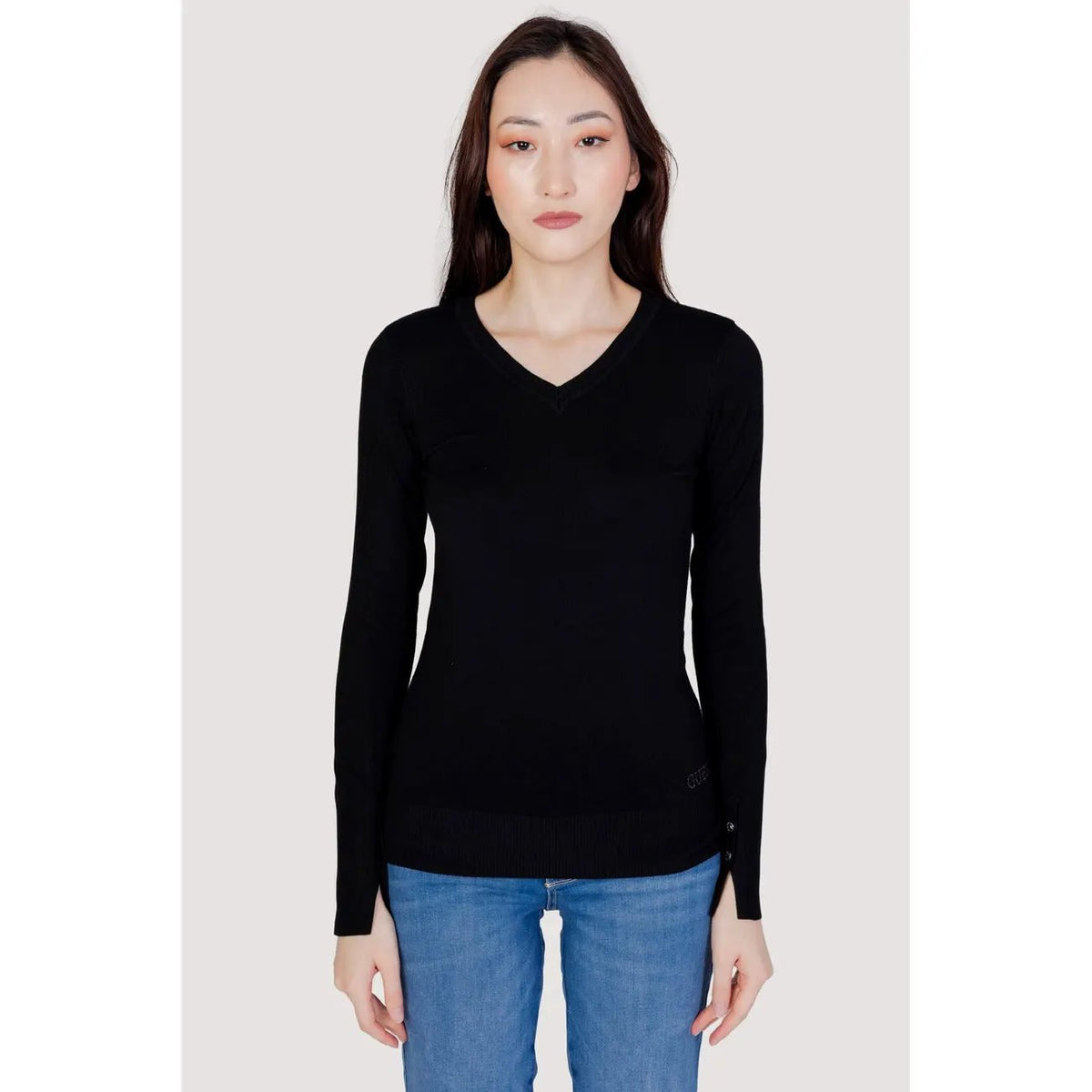 Guess Women's Black V-Neck Cotton Sweater for Fall and Winter