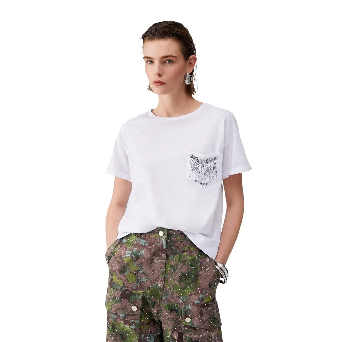 Liu Jo Women Black Cotton T-Shirt With Studded Pearl Details by Liu Jo