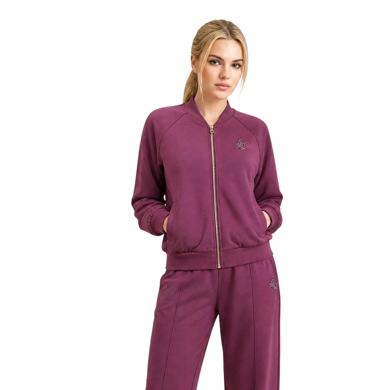 Liu Jo Women Purple Floral Embellished Zip Up Bomber Sweatshirt Jacket by Liu Jo