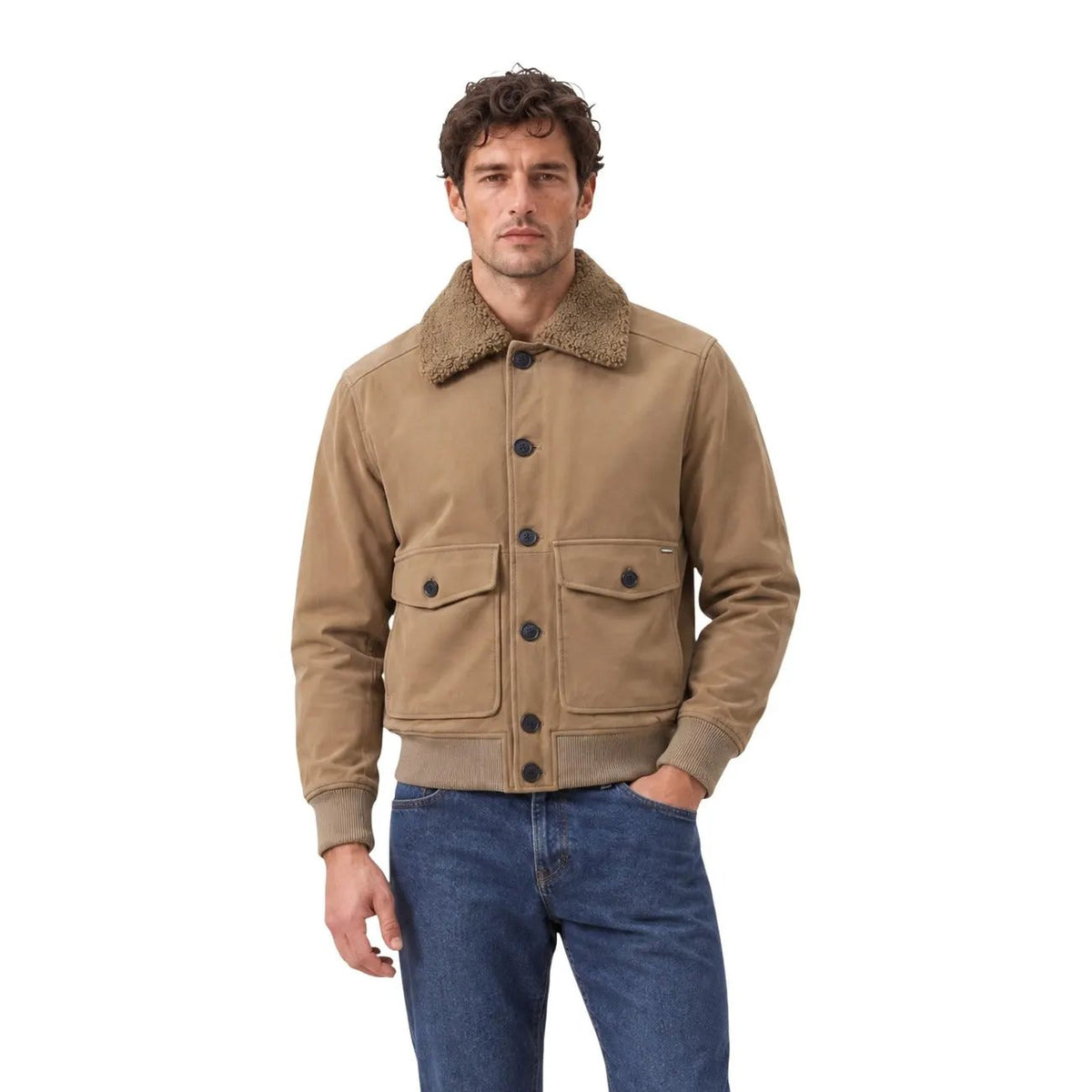 Gianni Lupo Men's Beige Faux Leather Bomber Jacket