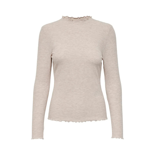 Only Women Beige Long Sleeve Ribbed Knitwear Top With Elastic Stretch by Only