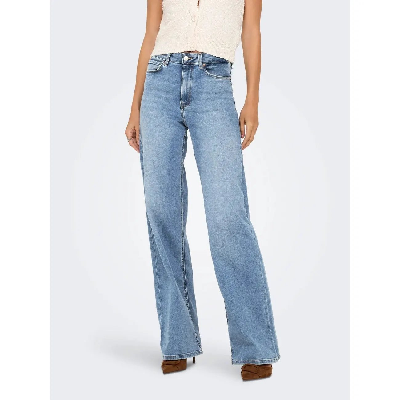 Trendy Only Women Light Blue Stretch Wide Leg Jeans With Split Hem by Only