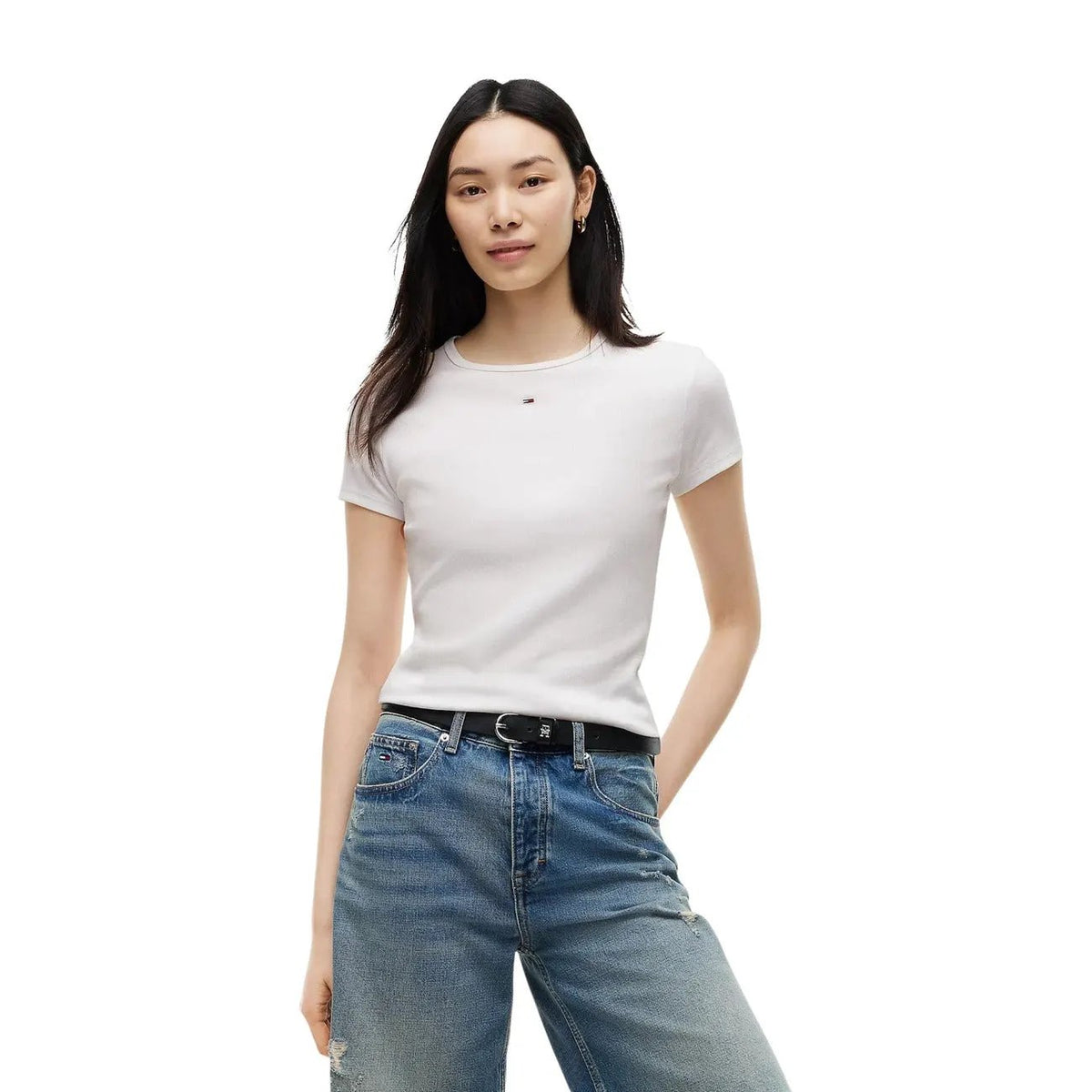 Tommy Hilfiger Jeans Women's Slim Blue Ribbed Cotton T-Shirt